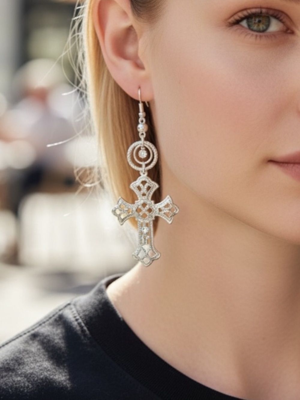 Silver Cross Drop Earrings - Elegant Filigree Design